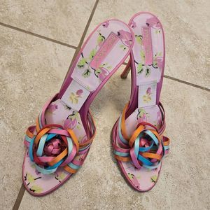 BETSEY JOHNSON Multicolor Satin Rose Heels slip on size 10